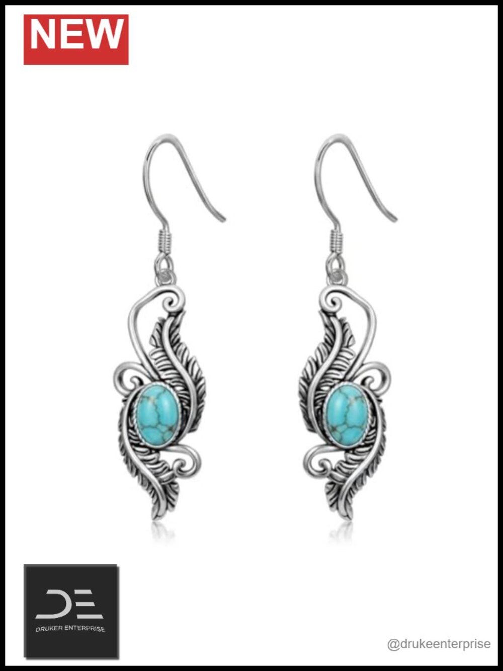 Genuine Turquoise Dangle Earrings 925 Sterling Silver Feather Drop